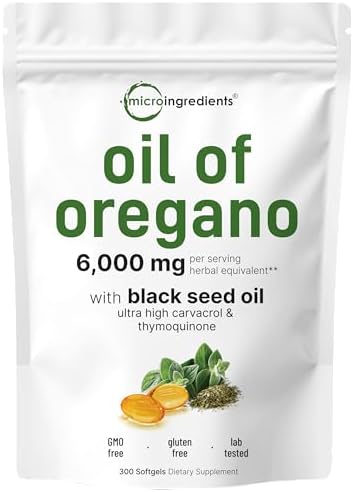 Micro Ingredients Oil of Oregano Softgels 6000mg Per Serving, 300 Count | 2 in 1 Formulated with Black Seed Oil 200mg, 4X Strength Carvacrol & Thymoquinone | Plant Based, Non-GMO & Immune Support