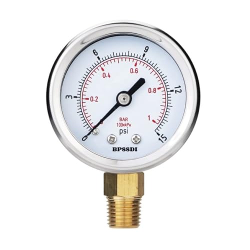 0-15 Psi Pressure Gauge, Dry, Water Pressure Gauge, 2-1/2" Dial, 1/4" NPT Lower Mount, Stainless Steel Case, for Pneumatic Regulator Air Compressor RV Regulator Water Pressure Test