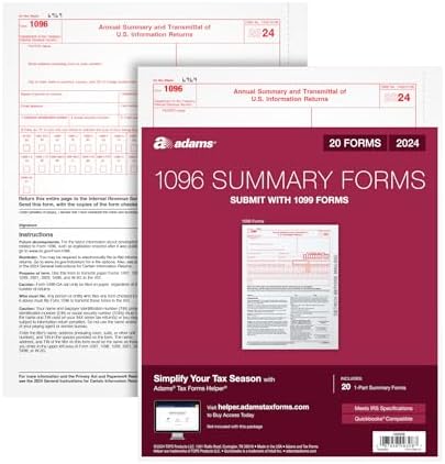Adams 1096 Summary Tax Forms 2024, NonEmployee Compensation Forms, Summary Transmittal Forms, 1-Part Inkjet/Laser, 20-Pack (1009308)