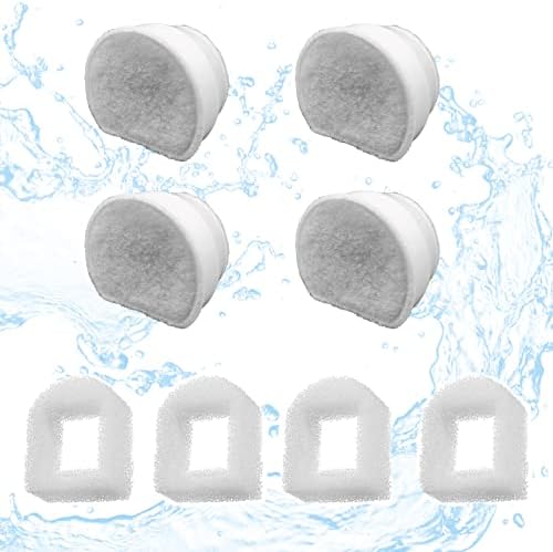 8 Pack Pet Fountain Filter Replacement,4 Carbon Filters and 4 Foam Pre-Filter Replacement Compatible with Multiple Pet Water Dispensers Water Bowl