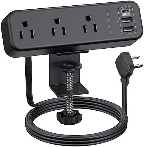 3 Outlet Desk Clamp Power Strip with USB C, Black Flat Plug Desktop Edge Clamp Power Socket Connect 6.5 ft Thin Extension Cord for 1.6 inch Tables