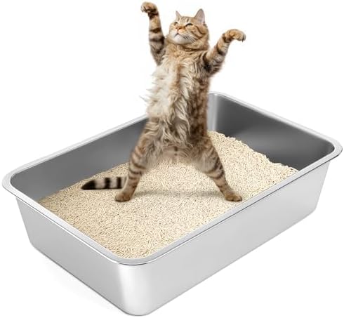 Stainless Steel Cat Litter Box with High Sides, Extra Large Open Metal Litter Pan, Easy to Clean, Rust Proof, Non Stick, Non Slip Rubber Feets 24"x16"x6"