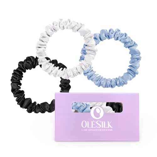 OLESILK Silk Hair Ties for Women: 100% Mulberry Skinny Silk Scrunchies, Soft Smooth No Damage No Crease for Thin Fine Curly Hair 3 Pack, White