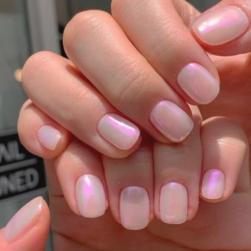 GLAMERMAID Extra Short Press on Nails, Milk White Fake Nails Short Squoval, Natural Round Square Glue on Nails Glossy Gel, Acrylic Pink False Nail Kits for Women, Reusable Stick on Full Cover Nails