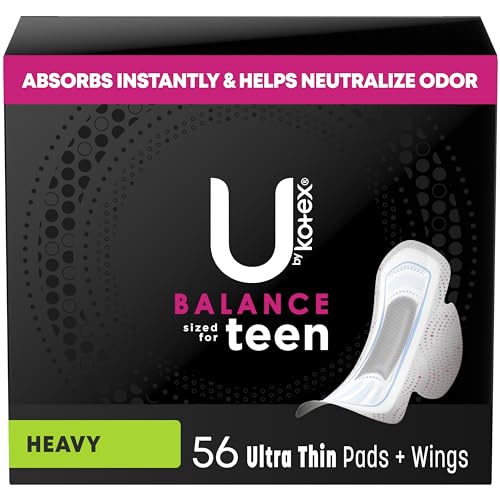 U by Kotex Balance Sized for Teens Ultra Thin Pads with Wings, Heavy Absorbency, 56 Count (4 Packs of 14) (Packaging May Vary)