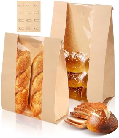 50 Pieces Brown Bakery Bags with Window Paper Bread Loaf Bags Kraft Food Packaging Storage Bakery Bags with Free Stickers