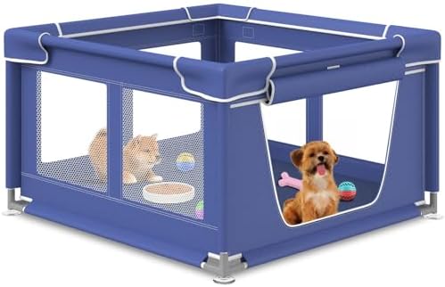 Dog Playpen 42 × 42 Inch, Puppy PlayPen with Gate for Puppies, Small and Medium Dogs, Pet PlayPen for Outdoors & Indoors, Tear Resistant Fabric. Blue