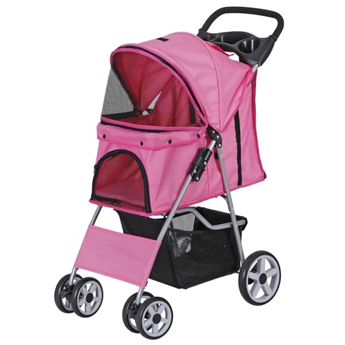 Pet Stroller 4 Wheels Dog Cat Stroller for Small Medium Dog Cats Carrier Jogger Travel Foldable Puppy Stroller with Storage Basket and Cup Holder (Pink)