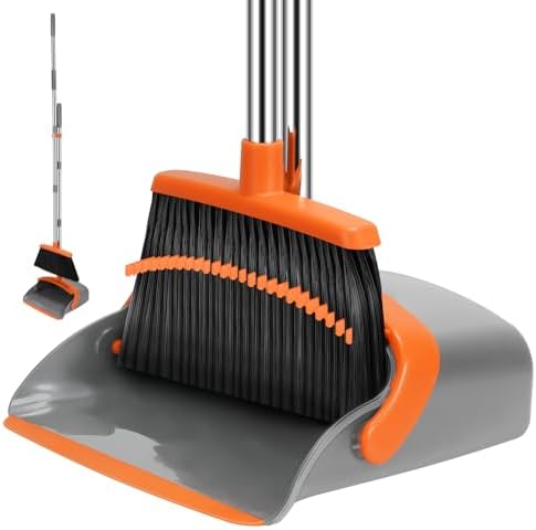 Broom and Dustpan Set, 55-in Long Adjustable Handle Broom Dustpan Combo with Dustpan Teeth to Automatically Clean Hair Suitable for Home Kitchen Office Hall Floor, Large(Grey&Orange)