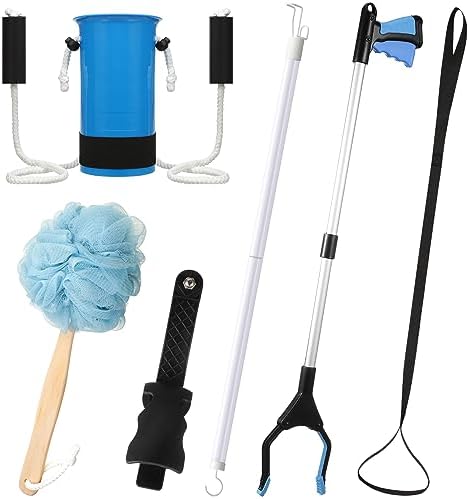 Domensi 6 Pcs Total Hip Kit with Leg Lifter Hip Back Knee Replacement Recovery Aid for Seniors Pregnant, 32'' Foldable Grabber Sock Assistant Device No Bending Shoe Horn Dressing Stick Bath Sponge