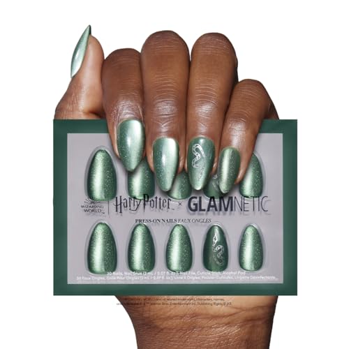 Harry Potter™ x Glamnetic Press On Nails - Slytherin™ | Velvet Green Snake Serpent Graphic Short Almond False Nails, Reusable Stick On Fake Nails with Glue | Salon Quality | 15 Sizes - 30 Nail Kit
