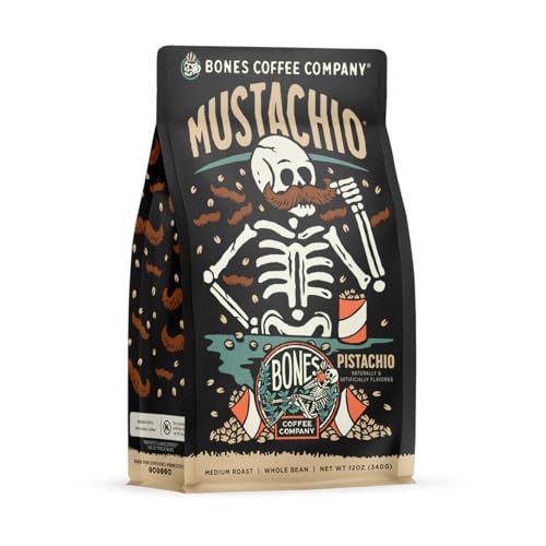 Bones Coffee Company Mustachio Flavored Whole Coffee Beans Pistachio Flavor | 12 oz Flavored Coffee Gifts | Low Acid Medium Roast Gourment Coffee Beverages (Whole Bean)