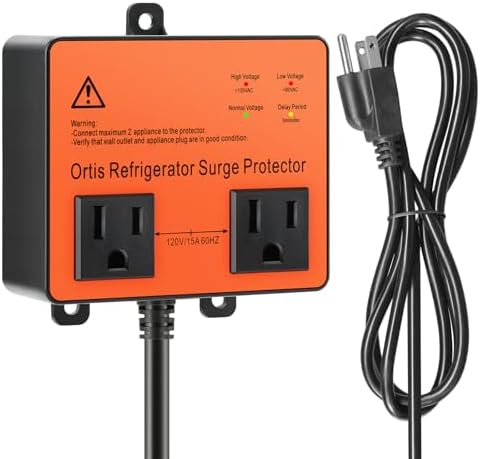 Refrigerator Surge Protector, Ortis Double Outlet Voltage Protector for Home Appliances with Time Delay, 5ft Power Cord, Protects Against Brownout, Spike, Instant Surge All Voltage Abnormalities