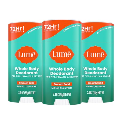 Lume Whole Body Deodorant - Smooth Solid Stick - 72 Hour Odor Control - Aluminum Free, Baking Soda Free and Skin Loving - 2.6 Ounce (Pack of 3) (Minted Cucumber)