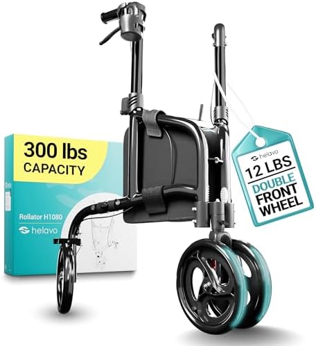Helavo 3 Wheel Rollator Walker for Seniors, 3 x More Stable, 8" Wheels - Ultra Lightweight Foldable Narrow Walker for Small Spaces, Aluminum Three Wheel Mobility Aid for Indoors and Outdoors