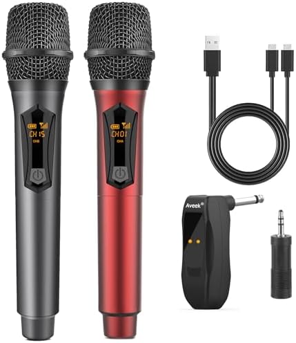 Aveek Wireless Microphone for Karaoke, 2.4GHz Rechargeable Karaoke Microphone(Work 10hs), for Speaker, Karaoke Machine,Church, Speech, Wedding, Party Singing, Grey&Red, 2 Packs