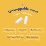 Moods | Unstoppable Mind | Focus Nootropics | Boost Energy and Mental Agility, Memory, Concentration | Bacopin, L-Glutamine, Lion's Mane, Alpha Lipoic Acid, Pantothenic Acid | 60 Vegan Capsules