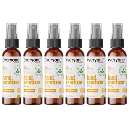 Everyone Hand Sanitizer Spray, 2 Ounce (Pack of 6), Coconut and Lemon, Plant Derived Alcohol with Pure Essential Oils, 99% Effective Against Germs