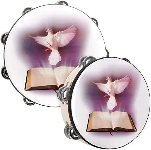 Elsjoy Set of 2 Tambourine, 10" and 8" Dove and Bible Church Tambourine with Double Row Jingle, Wooden Handbell Hand Clap Drum Percussion Instrument