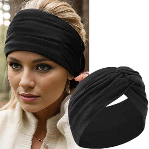 Extra Wide Headbands for Women, 7'' Large Cotton Like Turban Knotted Bandana Head Bands for Women Non Slip, Boho Headbands for Women's Hair (All Black-6Pcs, Extra Large 7" Wide)