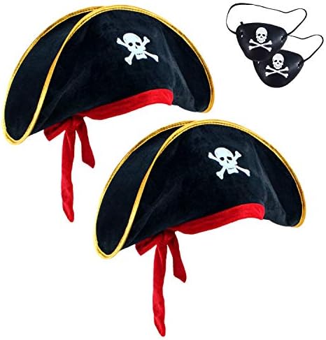 D-Fokes 2 Pieces Pirate Hat Skull Print Pirate Captain Costume Cap - Pirate Accessories Funny Party Hat for Caribbean Fancy Dress with Eye Patch