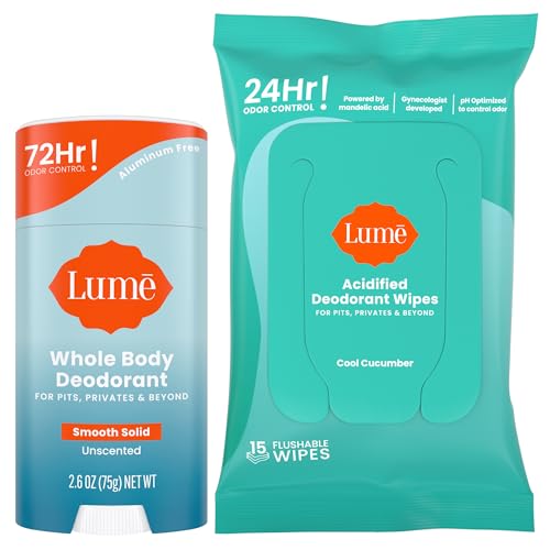 Lume Whole Body Deodorant - Smooth Solid Stick & Flushable Deodorant Wipes - Doctor Developed - Aluminum Free, Baking Soda Free, Skin Loving - 2.6 Ounce (Unscented) 15 Count Wipes (Cool Cucumber)