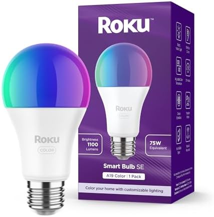 Roku Smart Light Bulbs (Color, 1-Pack) - Dimmable A19 Color Lightbulbs with Adjustable Brightness & Temperature - WiFi Smart Bulbs Works Voice, Alexa & Google Assistant - Smart Home Products
