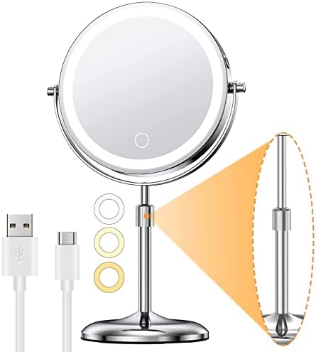 Gospire 7" Lighted Makeup Mirror with Magnification 10X/1X, Height Adjustable & 3 Color Dimmable Lights, 360° Swivel Double Sided Light up Rechargeable LED Cosmetic Vanity Cordless Standing Mirror
