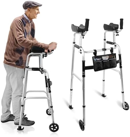 Stand Up Walker with Bearing Wheels - Height Adjustable Standard Walkers with Armrest Pad, Foldable Walker for Seniors, Elderly, Aluminum Platform Walkers with Small Bag, Silver