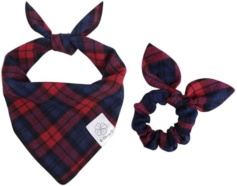 E-Clover Dog Bandanas & Matching Scrunchie Set Plaid Dog Scarf Bibs for Medium Large Dogs Girl Boy Pet Owner Gift Red Blue