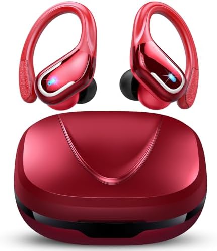 Ltinist Wireless Earbud, Bluetooh 5.4 Headphones Pure Bass Sound with Earhooks, 75H Battery in-Ear Sport Earbud with Dual-LED Display, IP7 Waterproof Earphones Built-in Microphone for Running, Red