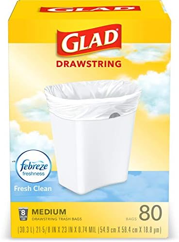 Glad Medium Kitchen Drawstring Trash Bags, 8 Gal, Fresh Clean Scent, 80 Ct (Package May Vary)