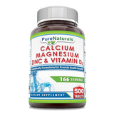 Pure Naturals Calcium Magnesium Zinc Vitamin D3 Supplement | Calcium 1000mg, Magnesium 400mg, Zinc 25mg, Vitamin D3 600 IU | Non-GMO | Gluten Free (500 Tablets)