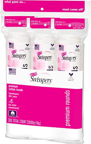 Swisspers Premium Cotton Rounds – 100 Count (Pack of 3) - 100% Pure Cotton - Soft, Absorbent, Hypoallergenic Pads for Makeup Removal, Skincare, Baby Care and Facial Cleansing - Lint Free