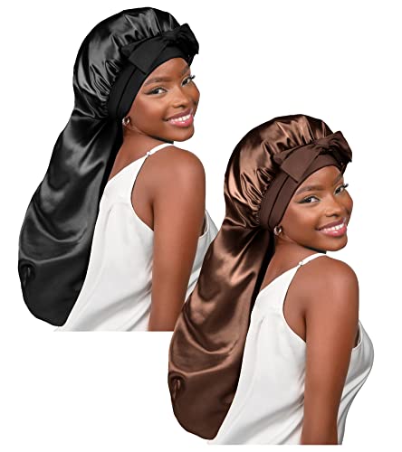 YANIBEST 2Pcs Silk Bonnet for Sleeping Braid Bonnet for Long Hair with Tie Band Bonnet for Braids for Black Women Curly Hair Locs,Black&Brown