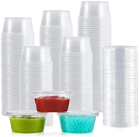 200 Sets 3.25 oz Plastic Portion Cups with Lids, 3.25 oz Plastic Sauce Cups，Jelly Shot Cups Shot Cups, Disposable Condiment Containers for Food Sample