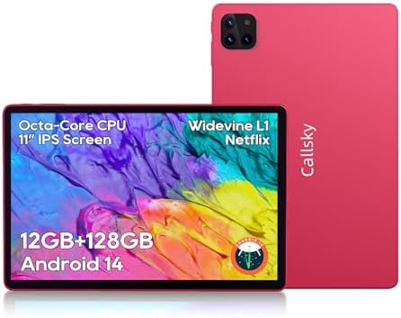 Android Tablets, 11 inch Octa-Core Processor Tablet with 2 Years Protection, 128GB Storage,12GB RAM, 6ft Charging Cable, 8000mAh Battery, Reinforced Type-C Port, Quad-Speaker, Pink