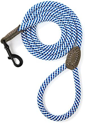 Mile High Life | Mountain Climbing Dog Rope Leash with Heavy Duty Metal Sturdy Clasp | Genuine Leather Tailored Connection with Strong Stitches (Blue & Gray, 5FT Leather Connection)