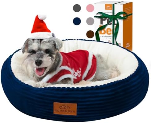 23in Round Cat Dog Bed for Large Medium Small Dogs Cats, Machine Washable Sleeping Sofa, Non-Slip Bottom Breathable Soft Calming Pet Cuddler for Indoor/Outdoor/Car/Cage, Navy Blue
