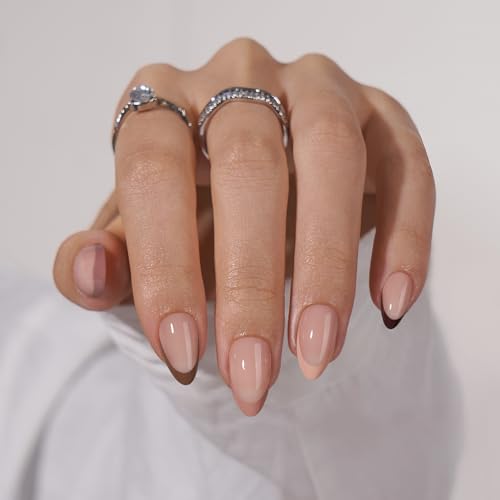 Almond Press On Nails - BTArtbox French Tip Press On Nails, Supremely Fit & Natural Glue On Nails with Nail Glue, Reusable Stick On Nails in 16 Sizes - 30 Fall Soft Gel Fake Nails Kit, Morning Coffee