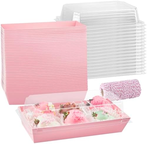 50 Pack Charcuterie Boxes with Clear Lids, 7.5 Inch Small Paper Charcuterie Boxes To Go Treat Containers for Desserts, Cookies, Sandwich, Pastry, Strawberries and Cupcakes (Pink)