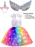 Light Up Unicorn Birthday Decorations for Girls Halloween Christmas Party Outfits LED Kids Princess Flower Tutu Sequin Dress 5 6 Year Old Gifts Cosplay Favors with Headband and Wings 5t - 6t Rainbow