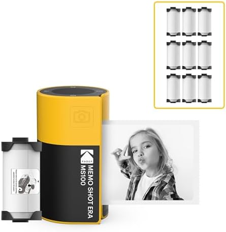 KODAK Memo Shot ERA Kids Instant Digital Camera and Photo Label Printer Bundle, Yellow (Camera with 1 Roll One-Touch Label Cartridge + 9 Rolls Cartridge Set)