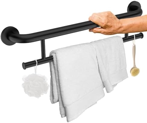 Matte Black Grab Bar 24 Inch w/Towel Holder, iHansee Stainless Steel Towel Rack Shower Support Balanced Support Handle, Wall Mount Safety Handrail Grab Rail for Elderly Senior Handicap Disabled