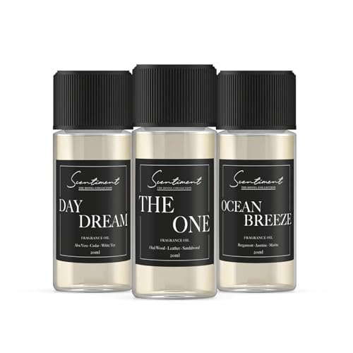 Scentiment Hotel Collection Diffuser Oils | Aromatherapy Fragrances Inspired by 5-Star Hotels | Top 3 Luxurious Scents with Notes of Cardamom, Tuscan Leather, and Sandalwood (2.02 fl oz, 20ml Bottles)
