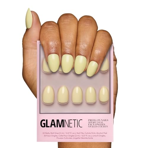 Glamnetic Press On Nails - Pastel Yellow | Short Oval Glossy Light Yellow Fake Nails, Reusable Spring Nails | 15 Sizes - 30 Nail Kit with Glue