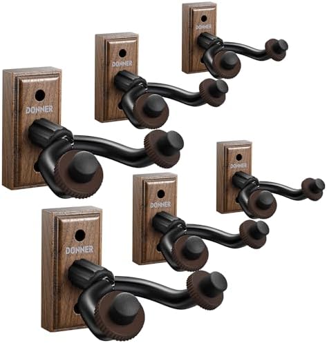 Donner Guitar Wall Mount Hanger 6-Pack, Black Walnut Guitar Wall Holder for Acoustic Electric Guitars, Bass, Folk Ukulele, Violin, Mandolin Banjo and String Instruments