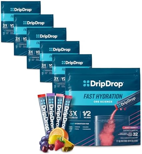 DripDrop Hydration - Juicy Variety Pack - Electrolyte Drink Mix Single Serve Powder Packets - Grape, Fruit Punch, Strawberry Lemonade, Cherry | Non-GMO, Gluten Free, Vegan | 192 Sticks
