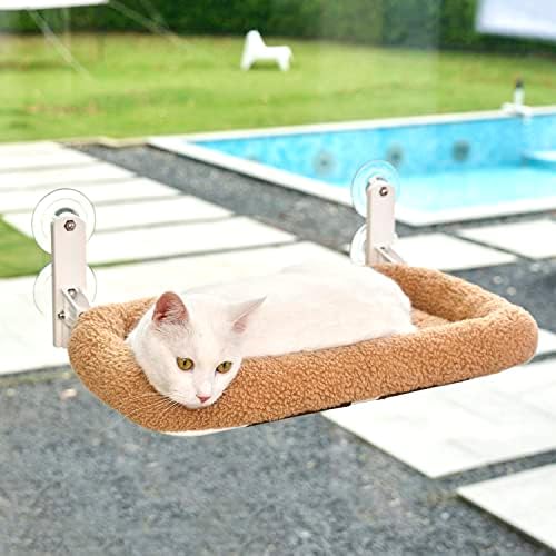 Foldable Cat Hammock for Window - Cordless, Machine Washable Bed, Robust Metal Frame & ABS Brackets - Cat Window Perch for Large Cats and Kitten (Brown Bolster Bed, Large)