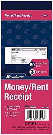 Adams Money/Rent Receipt Book, Carbonless, 3-Part, 2-3/4 x 7-3/16 Inches, 50 Sets per Book, Pack Of 6